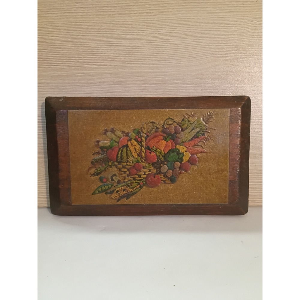 Vintage Wood Wall Plaque Harvest Cornucopia Fruit Basket Relief Decor 8.25 Inch